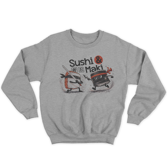 [kintu:1LN5-WYBbQeHIMLdONt6kqI-2M7h3ja4d:5d0e6951a26722c1fa358d8ac3c79aca] Felpa girocollo grigia con grafica Sushi & Maki in stile cartoon