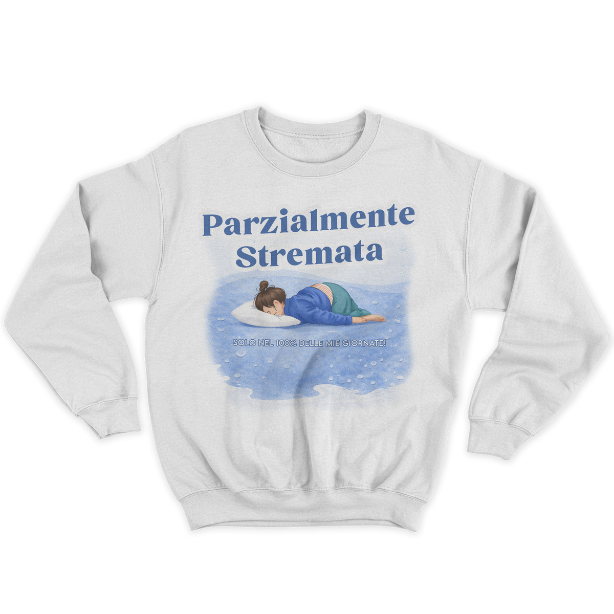 [kintu:1HEbc-rSQIGh8apO0y3-k9kFJi6JA_Feu:4160cfbf051550a7c7c7819caf383f44] Felpa girocollo bianca con grafica blu Parzialmente stremata e persona addormentata