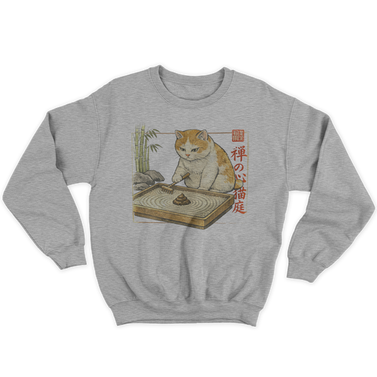 [kintu:1f-flPkIa7BOnHTx_pJpTYG6n8cn8Dlbz:7b07aa64a9c9fe3a6ac097aa41d19b79] Felpa girocollo grigia con illustrazione di gatto e giardino giapponese