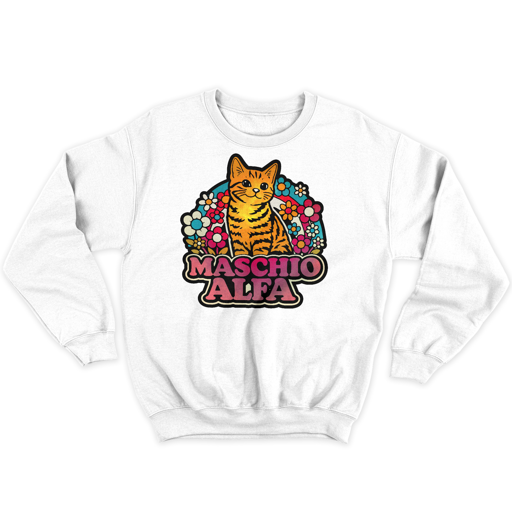 [kintu:1tCOCemqKsKmKilCbGkrm1GLmL6fgkeLp:6abda002661bd4bd201d4ae9a341c052] Felpa girocollo bianca con gatto arancione, fiori colorati e scritta Maschio Alfa