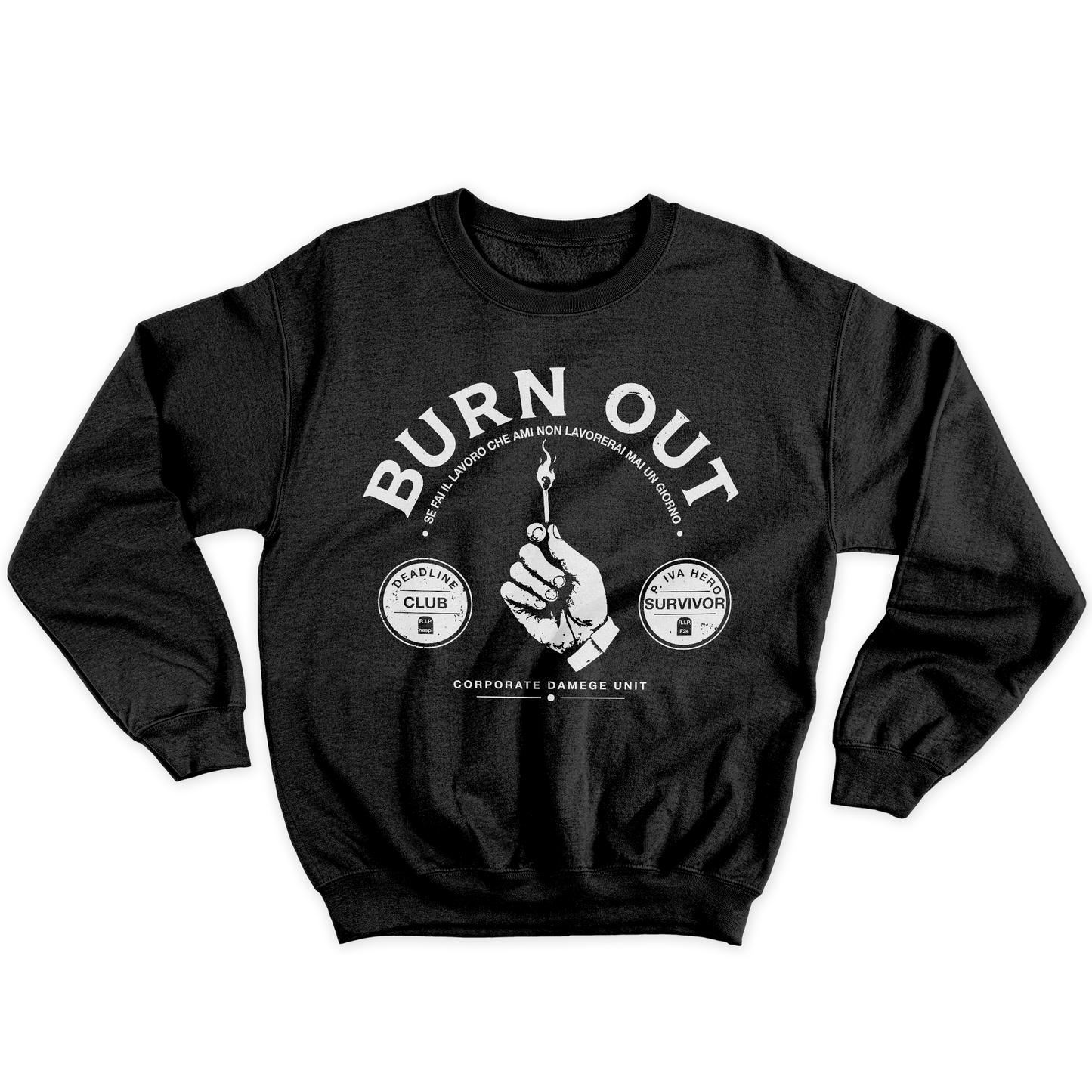 [kintu:1BEoh91W-_pSVidUxztryRYkFgZROHZ9w:1fa9ba0d2edf967c09be9f96ec6a9726] Felpa girocollo unisex nera con grafica BURN OUT e illustrazione di una mano con fiammifero