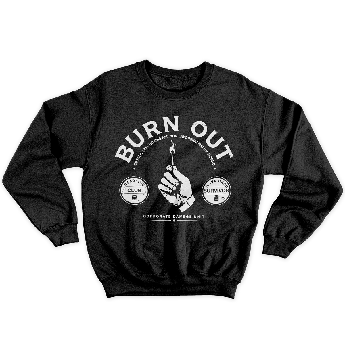 [kintu:1I6y1kjbiMljxGvyqlZ-4DX5uR6uPO-SB:1fa9ba0d2edf967c09be9f96ec6a9726] Felpa girocollo BURN OUT con grafica frontale bianca, scritta motivazionale e illustrazione di una mano con fiammifero - BLA
