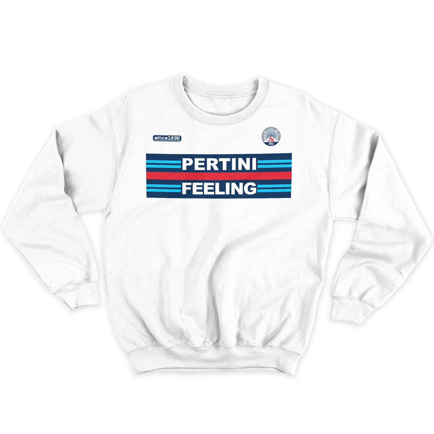 [kintu:1g0mq5P_HAppS5Z4U4Z3kBdiL5-cBMWWh:cb177cd5442a2a08baf41dd9111cae5b] Felpa bianca girocollo PERTINI FEELING con grafica racing a strisce rosse, blu e azzurre