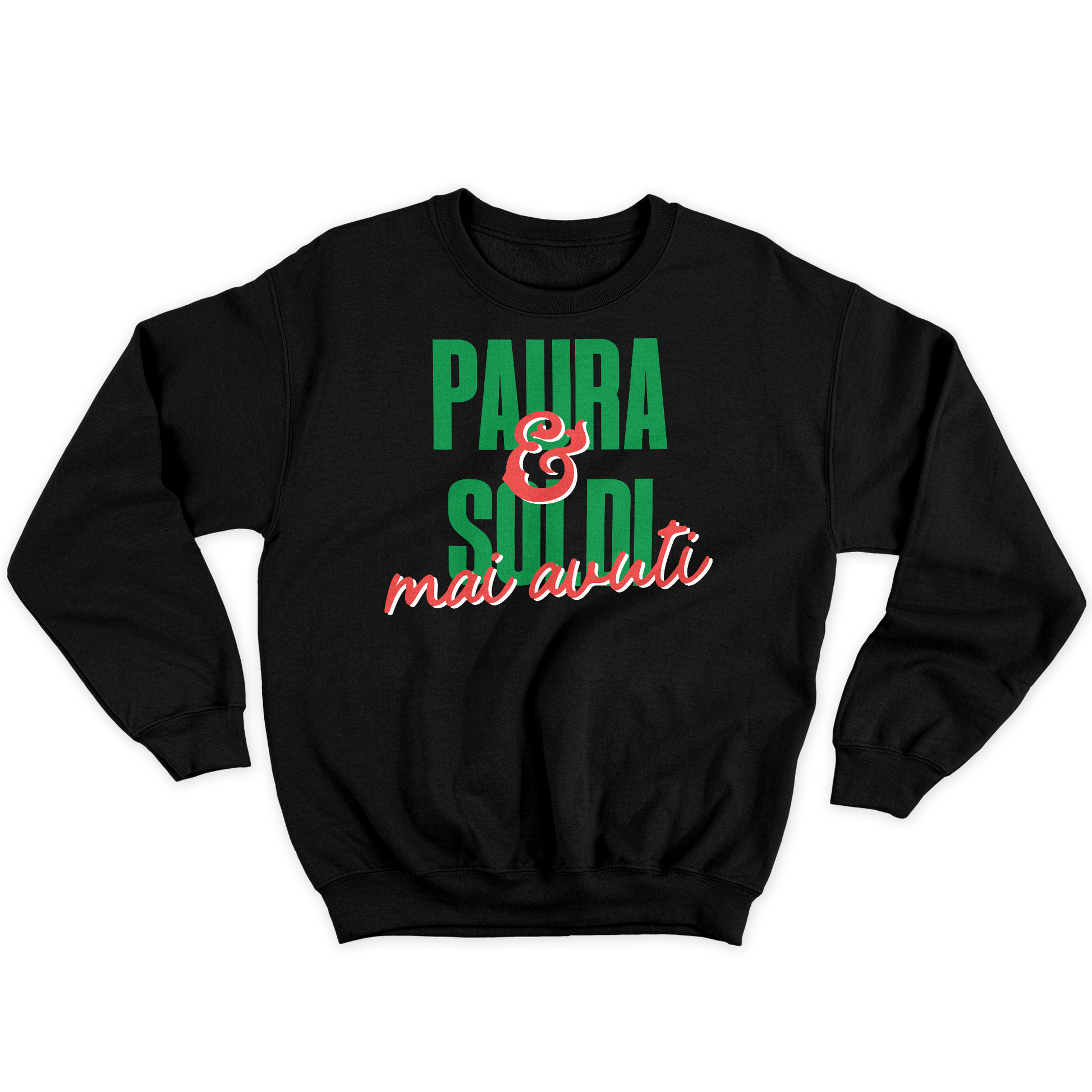 [kintu:1maqIheGqzgcLWIU9iL8UoeGstnvfwASj:01b8516e7cc71881cd26cc08eeb878fd] Felpa girocollo nera con grafica frontale Paura e soldi e mai avuti