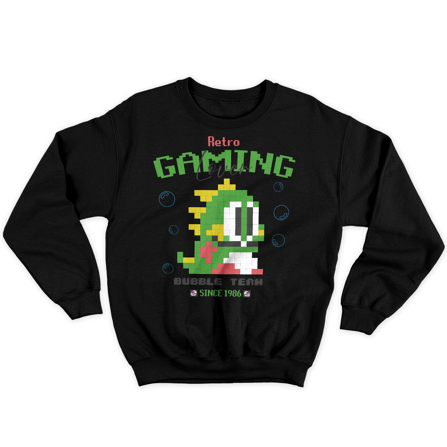 [kintu:1Lwes11vpDbuoU0KlyuMVWpwIDq_vW7Ir:a7dbe1e087a0079d8e218af171ce3e44] Felpa girocollo nera Retro Gaming Lover con grafica pixel art di draghetto verde