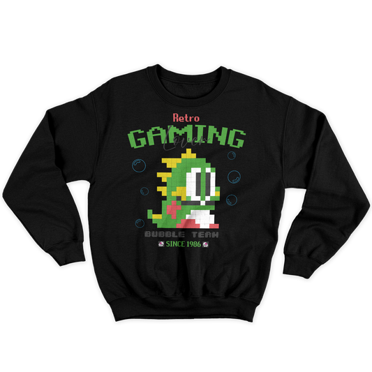 [kintu:1zIXmcuuziEoZLF0Cqe7YLxBDyaFjdIUG:a7dbe1e087a0079d8e218af171ce3e44] Felpa girocollo nera con grafica Retro Gaming e draghetto in pixel art