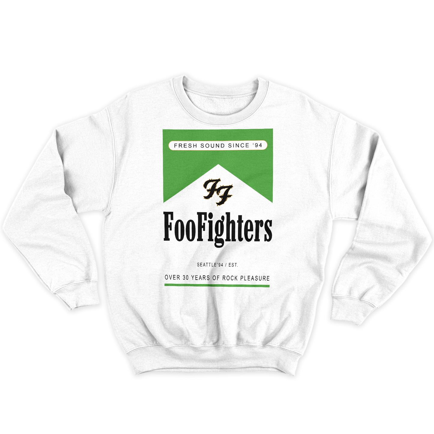 [kintu:1gefW1Zw_BQznvYXyK9EoA3TqP4WEYv4K:93fffda18c2a50e9eff3b2df7dcf0d3e] Felpa bianca girocollo con grafica verde e nera e scritta FooFighters