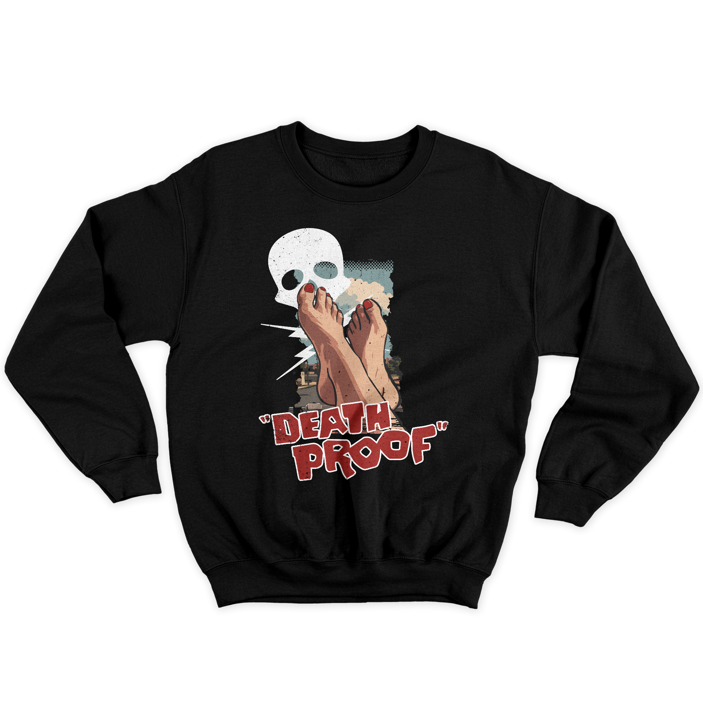[kintu:1EKuzBf15Zv1sl-taYaRBJdyau0iZvLVB:b84d46ae16852f42ed880425654f12c5] Felpa girocollo nera con grafica Death Proof, teschio e piedi