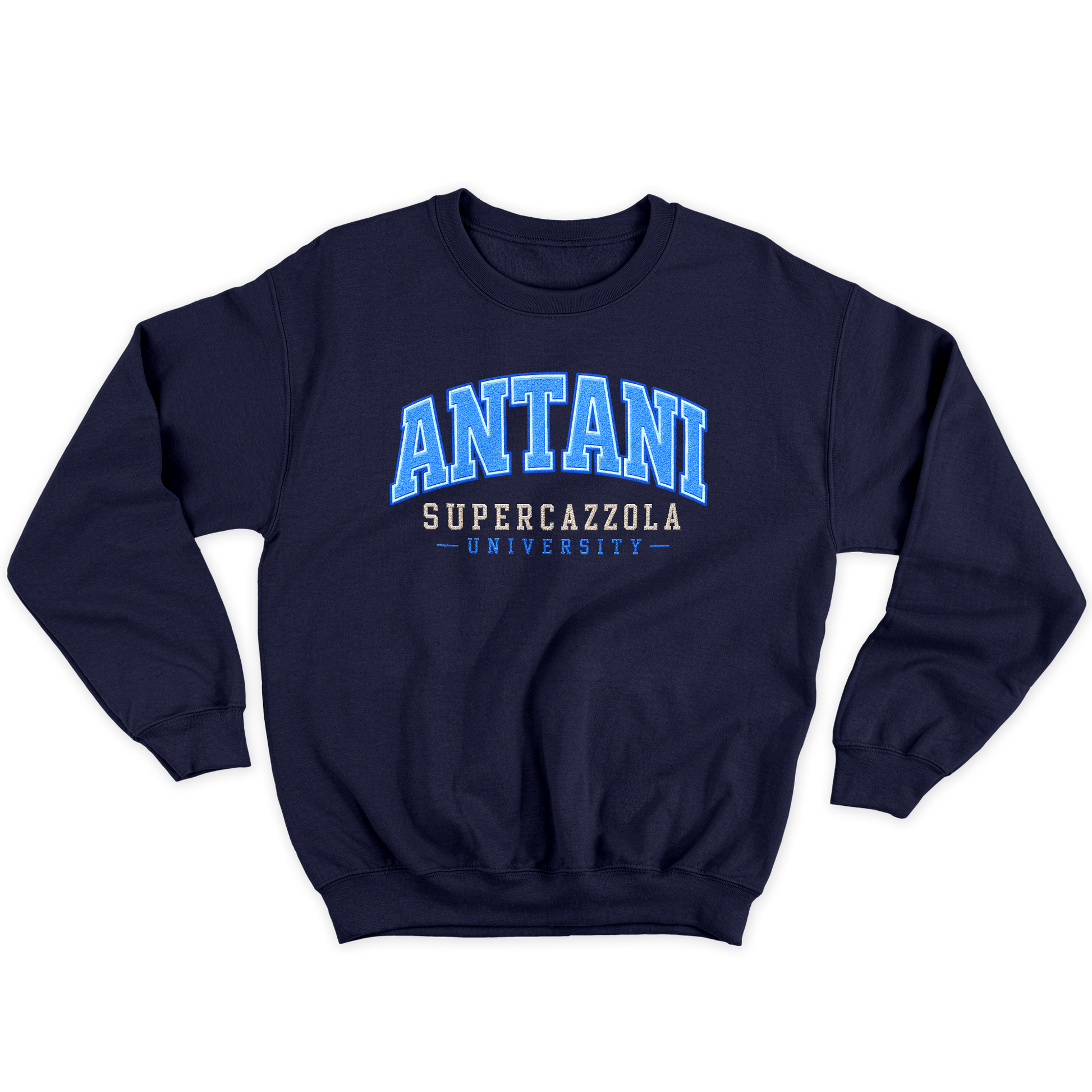 [kintu:14Wt6z5cW9yqF_ByufDwvc-Qqg0KyfJpD:60a2ada93d866931e2ceccb9f1fc2391] Felpa girocollo blu navy con grafica ANTANI UNIVERSITY, SUPERCAZZOLA e UNIVERSITY
