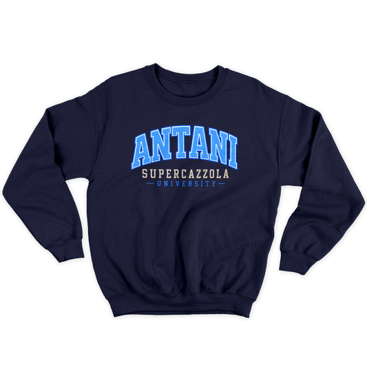 [kintu:14Wt6z5cW9yqF_ByufDwvc-Qqg0KyfJpD:60a2ada93d866931e2ceccb9f1fc2391] Felpa girocollo blu navy con grafica ANTANI UNIVERSITY, SUPERCAZZOLA e UNIVERSITY