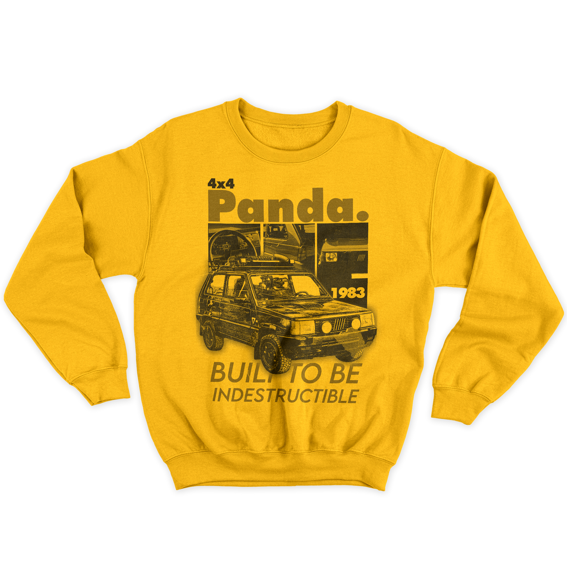 [kintu:1iSxVKknEWieIaTDQzNDM5VMdMPXza26a:89d877f6921f2d7ba63a756bd0ecb8d8] Felpa girocollo gialla con grafica Panda 4x4 e auto dallo stile rétro