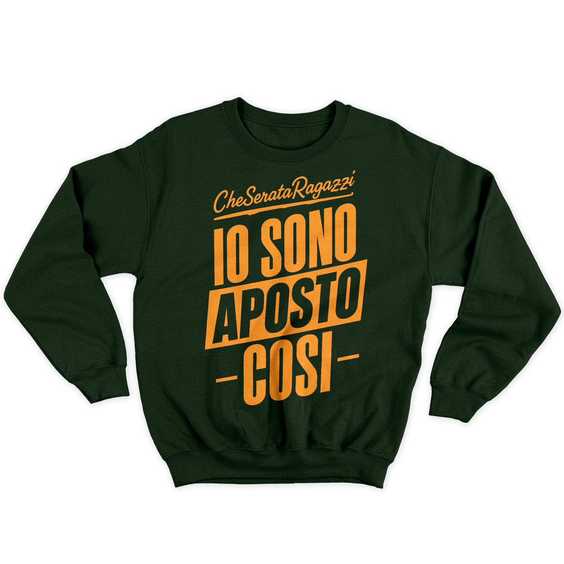 [kintu:1y5LruEo5zFBq1XlQAcsmKRayV9ASvdxP:8c47b4bef3b1c97ee7a004e1833c53ce] Felpa girocollo unisex con grafica arancione Che Serata Ragazzi Io Sono A Posto Così su fondo scuro