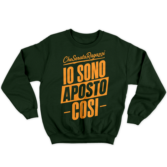 [kintu:1y5LruEo5zFBq1XlQAcsmKRayV9ASvdxP:8c47b4bef3b1c97ee7a004e1833c53ce] Felpa girocollo unisex con grafica arancione Che Serata Ragazzi Io Sono A Posto Così su fondo scuro