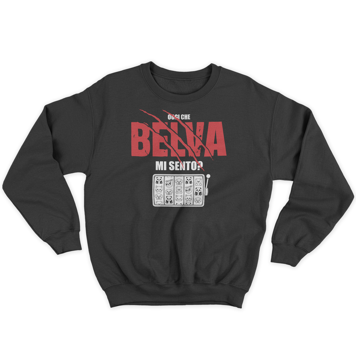 [kintu:1z7AoI0_ipaF-2fOWs4zD05_Q0TUWKMP8:decb4a6105e4c42ff753c7a8ebcfbe26] Felpa girocollo unisex scura con grafica Che belva mi sento, lettering rosso e bianco e illustrazioni di animali