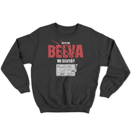 [kintu:1z7AoI0_ipaF-2fOWs4zD05_Q0TUWKMP8:decb4a6105e4c42ff753c7a8ebcfbe26] Felpa girocollo unisex scura con grafica Che belva mi sento, lettering rosso e bianco e illustrazioni di animali