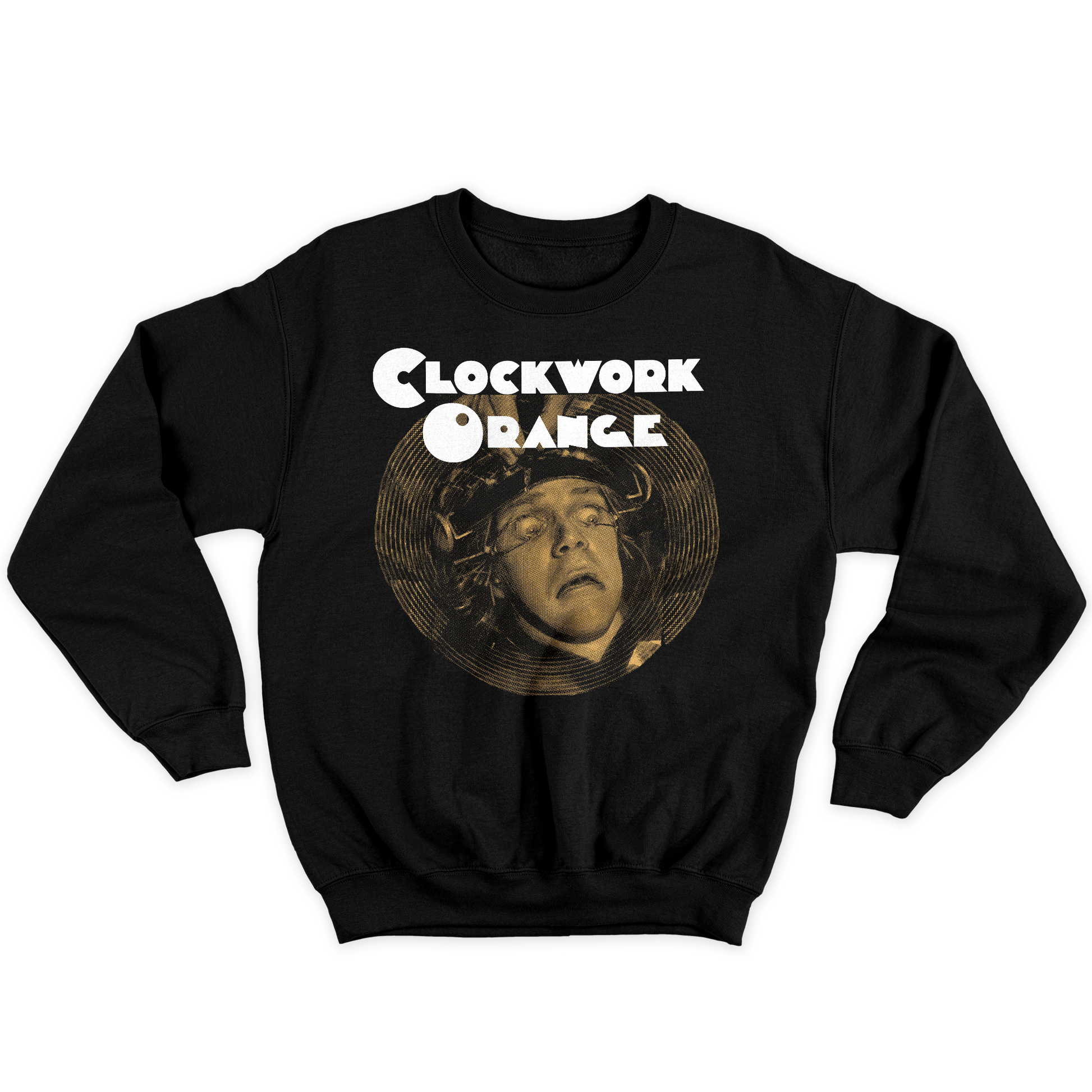 [kintu:1oUbTgEFkJa1twyD0EubMwdhhm4aCYkJ5:aed70b0771f1a14db7a2697b98199be3] Felpa girocollo nera con grafica Clockwork Orange e ritratto stilizzato