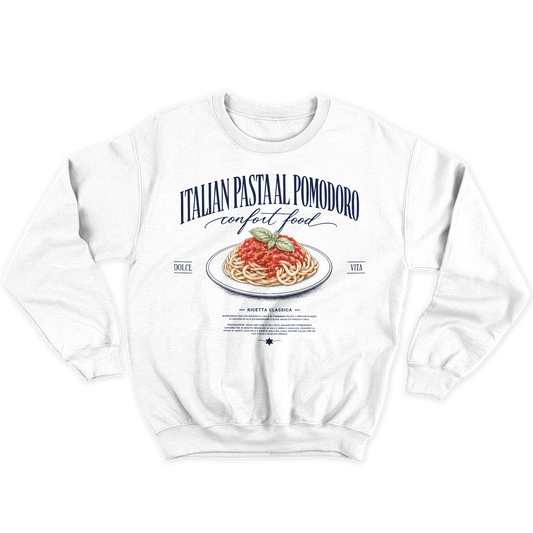 [kintu:1rkfeKGGQ7mEeASxO63vewnVPuQtWhav-:5034ea82a520ebb13f02d8bf5d9d2355] Felpa girocollo bianca con grafica Italian Pasta al Pomodoro, spaghetti al sugo e basilico
