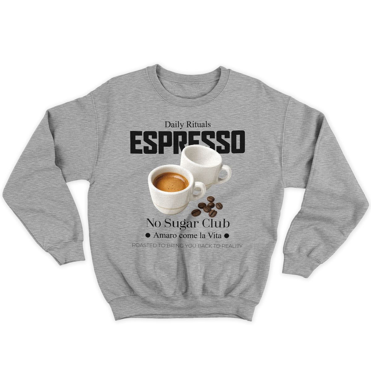 [kintu:1pQeK4IvGmiLu1U-TRmj6K2HNnMQ9GinA:79ecc4cbc0b69de17dc4d2c662061293] Felpa girocollo grigia con grafica espresso, tazze di caffè e scritta Amaro come la Vita