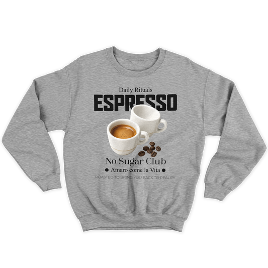 [kintu:1pQeK4IvGmiLu1U-TRmj6K2HNnMQ9GinA:79ecc4cbc0b69de17dc4d2c662061293] Felpa girocollo grigia con grafica espresso, tazze di caffè e scritta Amaro come la Vita