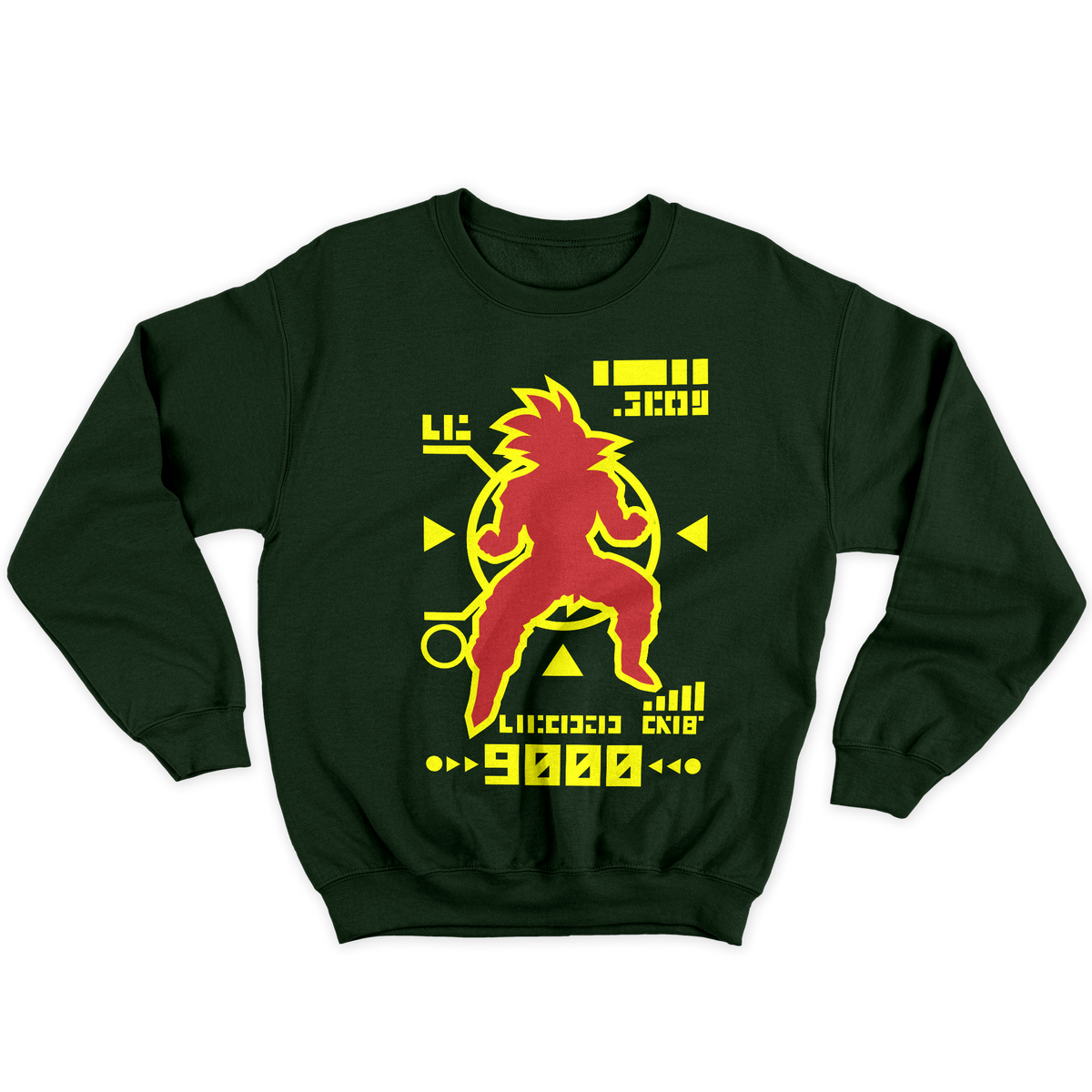 [kintu:1KGVbotUxCtXm_QHtskJ3f6IrmOpc-bHD:98d82849a167a129729c851663ad47a4] Felpa girocollo con grafica rossa e gialla su fondo verde scuro