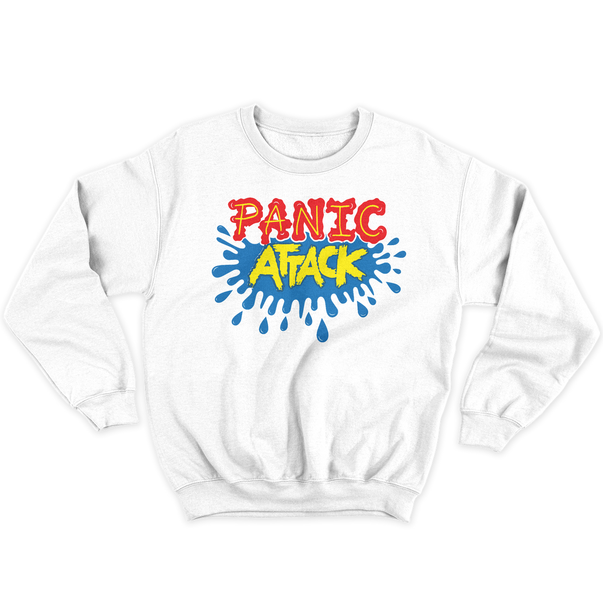[kintu:17fBqNQVB2BCSj_OzaROBhGeD0H0ssqzd:ec43771a76335fdaf56d94728f3e82a8] Felpa girocollo bianca con grafica PANIC ATTACK multicolore