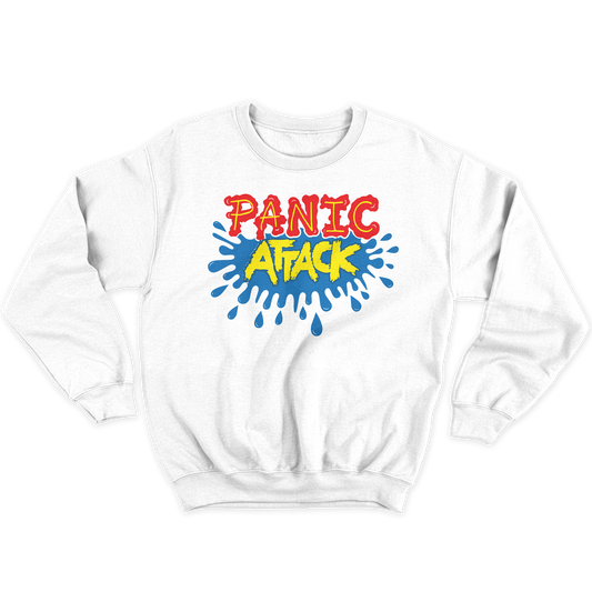 [kintu:17fBqNQVB2BCSj_OzaROBhGeD0H0ssqzd:ec43771a76335fdaf56d94728f3e82a8] Felpa girocollo bianca con grafica PANIC ATTACK multicolore