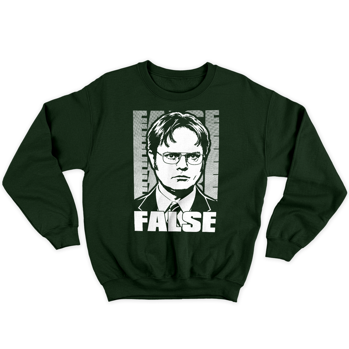 [kintu:1rzJmxMBC1CaLKCqhL9JXGSjRENXnjKRr:068d4527dbee5ad9ce20c3ae6eb140f4] Felpa girocollo verde bottiglia con grafica di Dwight Schrute e scritta FALSE