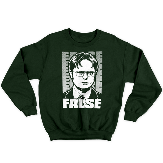 [kintu:1rzJmxMBC1CaLKCqhL9JXGSjRENXnjKRr:068d4527dbee5ad9ce20c3ae6eb140f4] Felpa girocollo verde bottiglia con grafica di Dwight Schrute e scritta FALSE
