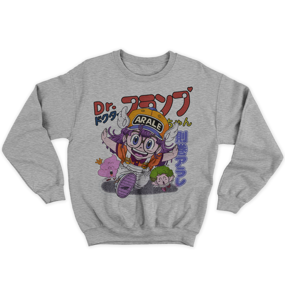 [kintu:13XZUKx2QW6N3zhALaw2QEBjB1GDEeVnq:7e9fc2732b364ee1784df11c36e67ca3] Felpa girocollo grigia con grafica ARALE in stile manga