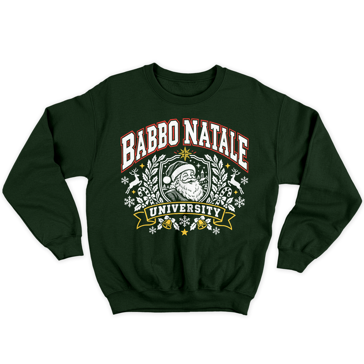 [kintu:1cdTKoQTmoTigaxAm8s6izjumfw8vxJOL:411dfb9db76f1408702c84f718b9156e] Felpa girocollo verde bottiglia con grafica Babbo Natale University Xmas, renne e fiocchi di neve