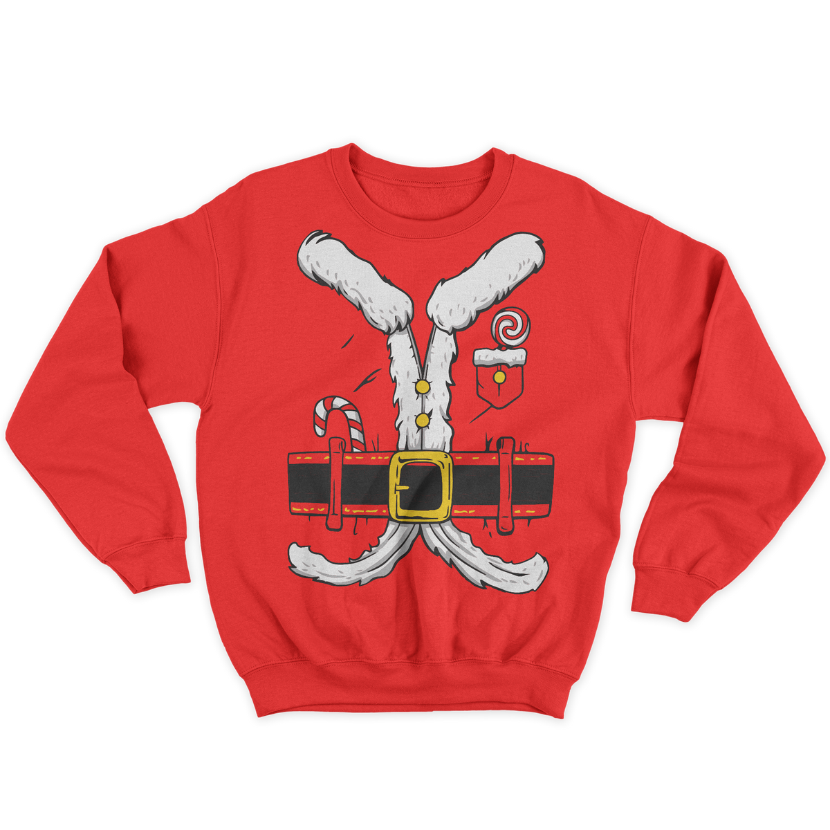 [kintu:1HKYoS-3cMo4TywUTsb50CpDG97ijE2Q9:8312aaee024ba274661ba3cf30d71807] Felpa rossa girocollo con grafica del vestito di Babbo Natale, cintura, barba bianca e dettagli natalizi