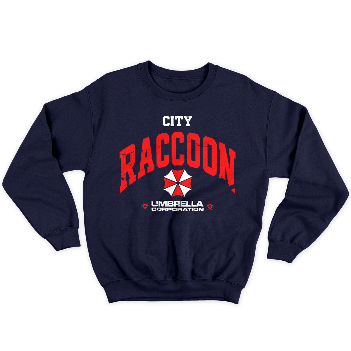 [kintu:1n_p0rZq37Zno22k1_GjF3mqvkrH7azJN:4e4efe1545fc6567ff387c13779fb2ab] Felpa girocollo blu navy con grafica Raccoon City, scritta rossa e simbolo a ombrello