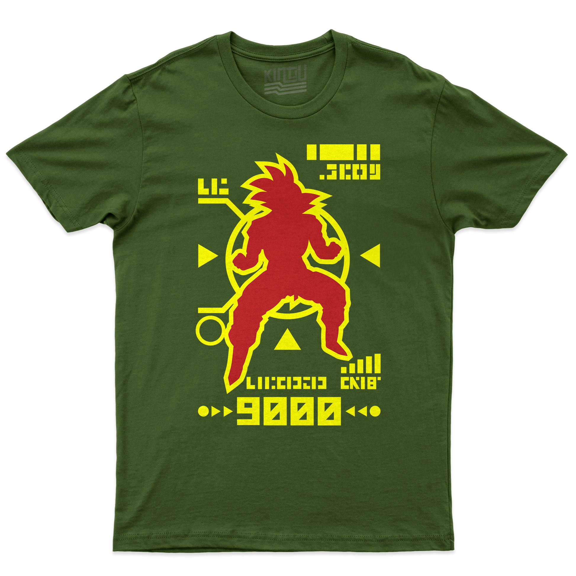 [kintu:1l-toZvngelDxDhpdtYrV4ziO7mFZ4G9n:537db3bb3a73d38824a0f25a0c7392c9] T-shirt Goku Scan Dragon Ball verde militare con grafica rossa e gialla