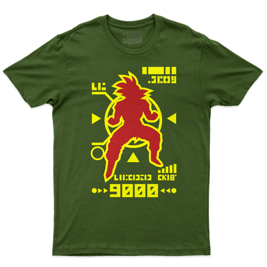 [kintu:1l-toZvngelDxDhpdtYrV4ziO7mFZ4G9n:537db3bb3a73d38824a0f25a0c7392c9] T-shirt Goku Scan Dragon Ball verde militare con grafica rossa e gialla