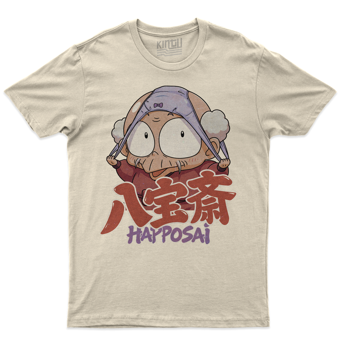 [kintu:1WWedgFAY0eWxtvTKmJMfxm1PxVQY9nOk:6f72777937ee3fbec3d47cceb57ebe88] T-shirt HAPPOSAI Ranma con grafica manga anime giapponese, copricapo viola e lettering giapponese - colore SAN