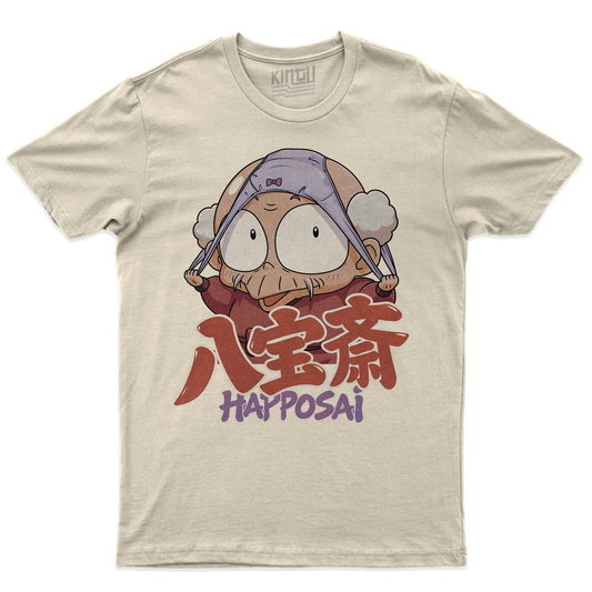 [kintu:1WWedgFAY0eWxtvTKmJMfxm1PxVQY9nOk:6f72777937ee3fbec3d47cceb57ebe88] T-shirt HAPPOSAI Ranma con grafica manga anime giapponese, copricapo viola e lettering giapponese - colore SAN