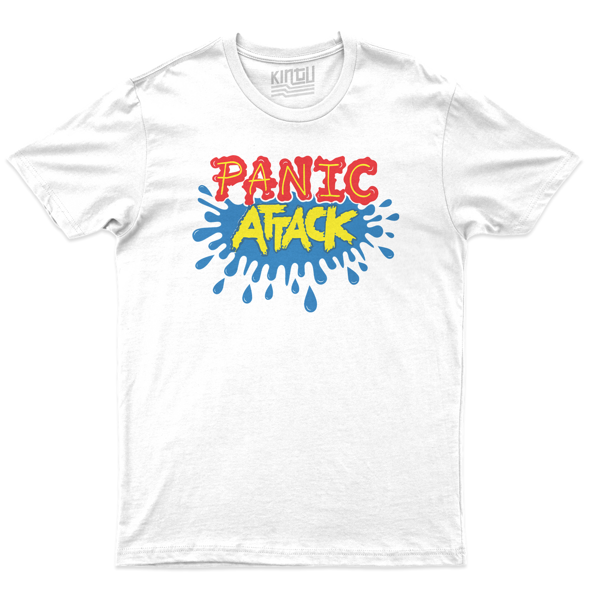 [kintu:1wK0sMI-bfxEpXChpcHt5zvjE6G0Ua2Ve:825e01efa171fef9ac000b9ea02e986b] T-shirt bianca Kintu con grafica PANIC ATTACK in rosso, giallo e blu