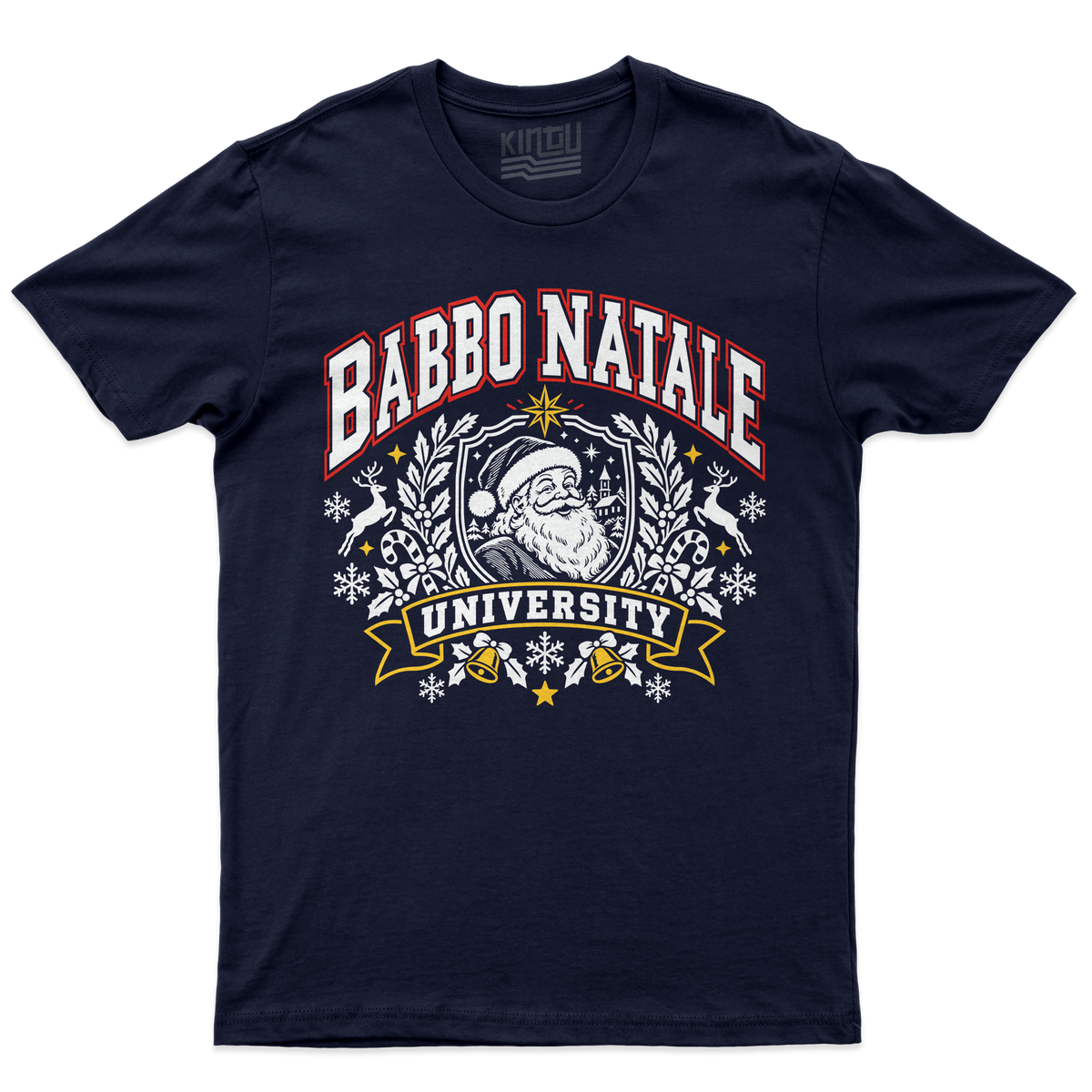 [kintu:1pSUotY3GhB3jxMMEf2GJzkDLIauBpIcj:090a09de61f79d45e0179f83d8fe982b] T-shirt blu navy con grafica Babbo Natale University Xmas, renne e fiocchi di neve