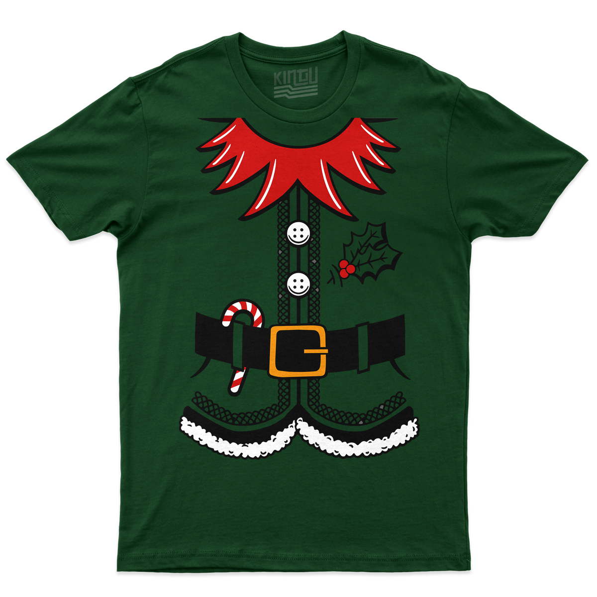 [kintu:1UsDtUUf-g4CjCjrnms-CQp2_GwZaMuTp:1c017130540a0227c494dbe4cae52621] T-shirt verde bottiglia con grafica natalizia a forma di vestito da elfo, cintura nera, fibbia dorata e dettagli rossi
