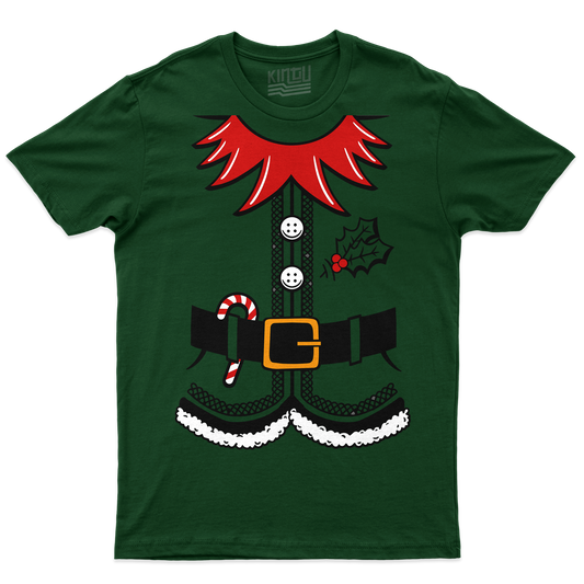 [kintu:1UsDtUUf-g4CjCjrnms-CQp2_GwZaMuTp:1c017130540a0227c494dbe4cae52621] T-shirt verde bottiglia con grafica natalizia a forma di vestito da elfo, cintura nera, fibbia dorata e dettagli rossi