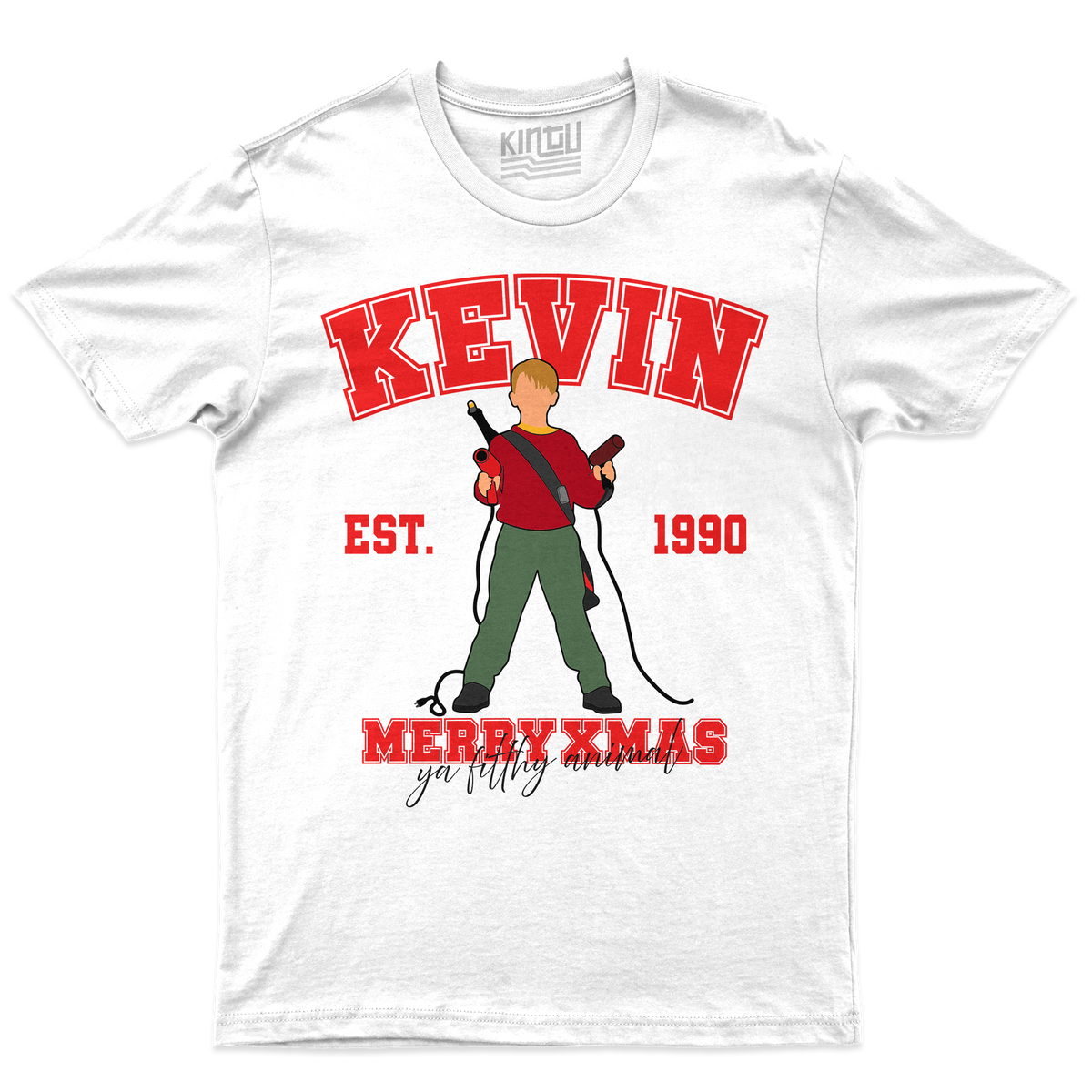 [kintu:1n5zTzqDsHT3OV6UjKMga3LW-xtRLj4lo:2f925e283c9ac4d14f8d60d0fb78bcbb] T-Shirt KEVIN MERRY XMAS ya filthy animal mamma ho perso l aereo natale - Bianco