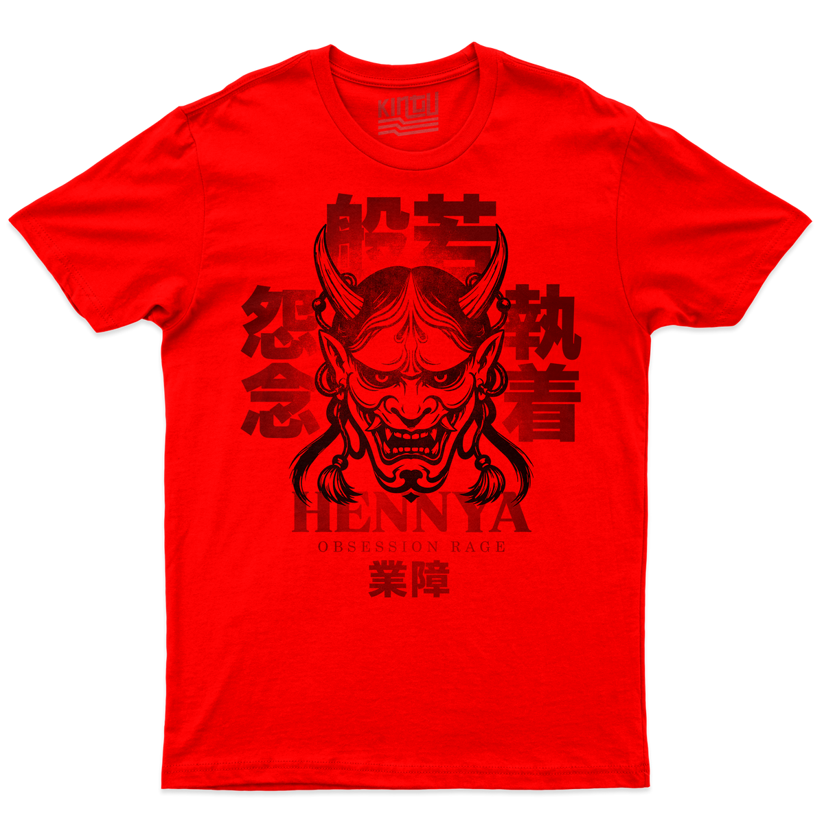 [kintu:12CsTc5Ej2FC0vbo8zCo4Kg_uuO_negZf:048c98846b58a8db3dcb1e4b648e4746] T-shirt rossa con maschera Hennya giapponese e caratteri orientali