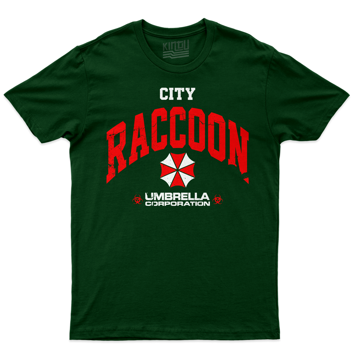 [kintu:1Rg0w0fdwwRL6VAH6HIPVxKV7fELgdvQe:2d3ae0252ed830cbb7bf0b5fbb0b3f7e] T-shirt verde bottiglia con grafica Raccoon City, emblema rosso e bianco e scritta Umbrella Corporation