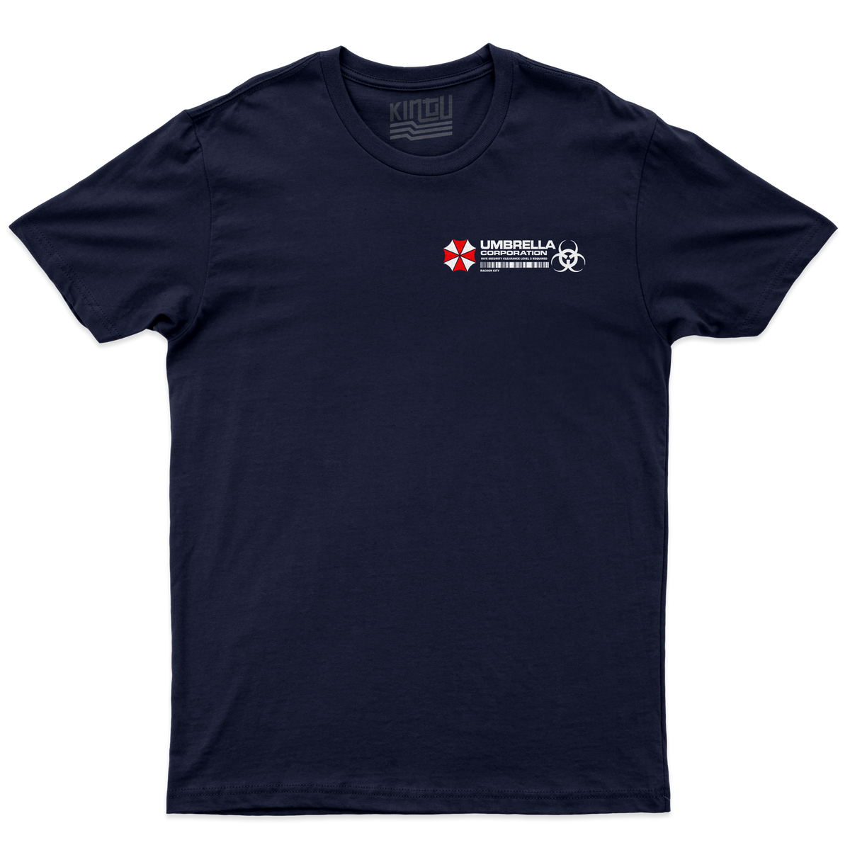 [kintu:1IEpH2ignp-xQt41gErfPOmneFIGDGIXp:3fc879c0e94f7052aea7dc89eb158de7] T-shirt blu navy con grafica Umbrella Corporation, emblema rosso e bianco e simbolo biohazard