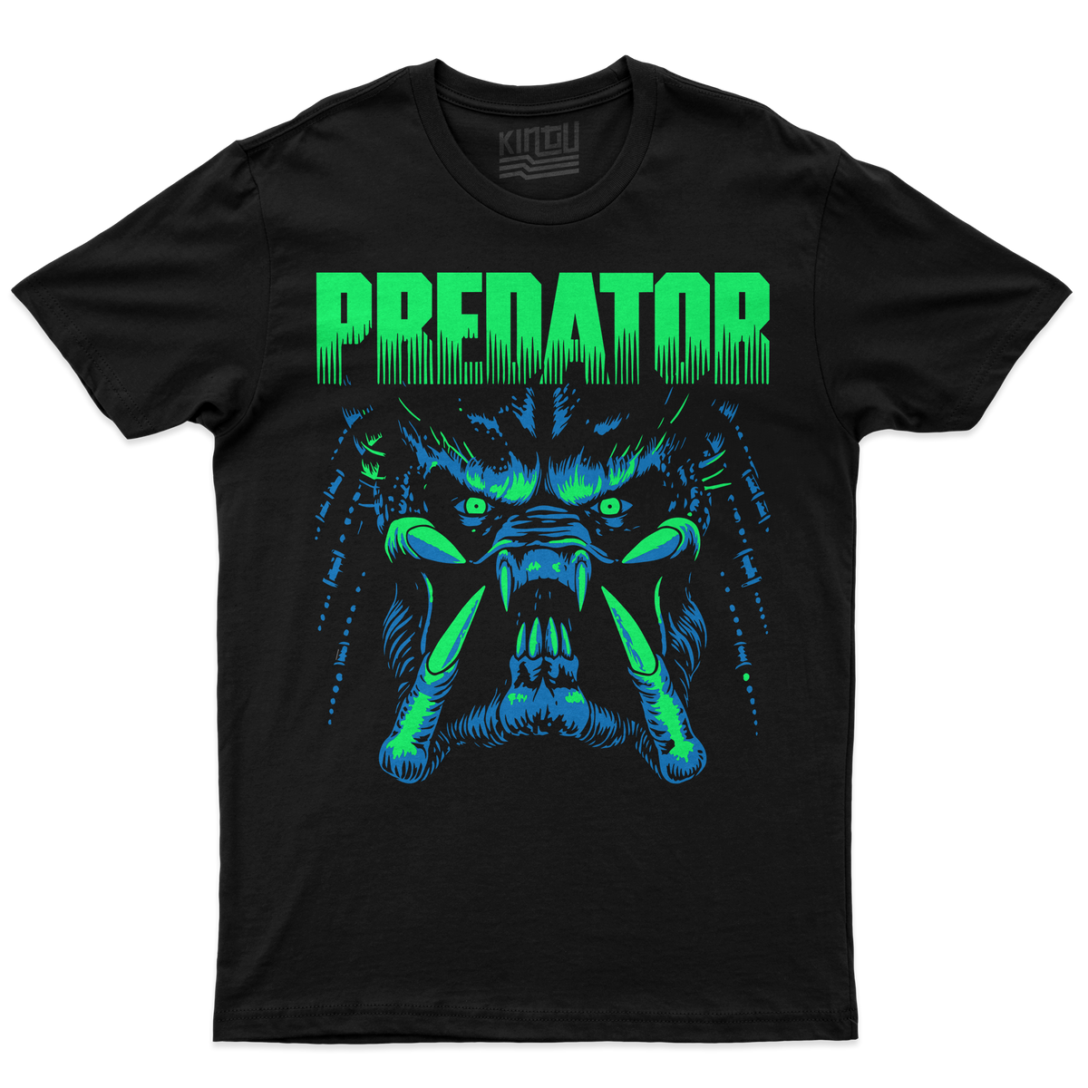 [kintu:13PVneoSmo3YyjwgsJMAIF31TSQt-EVgm:d2e941e4f4e3b4f175ce9a2b4a5e1849] T-shirt nera Predator con grafica frontale blu e verde neon