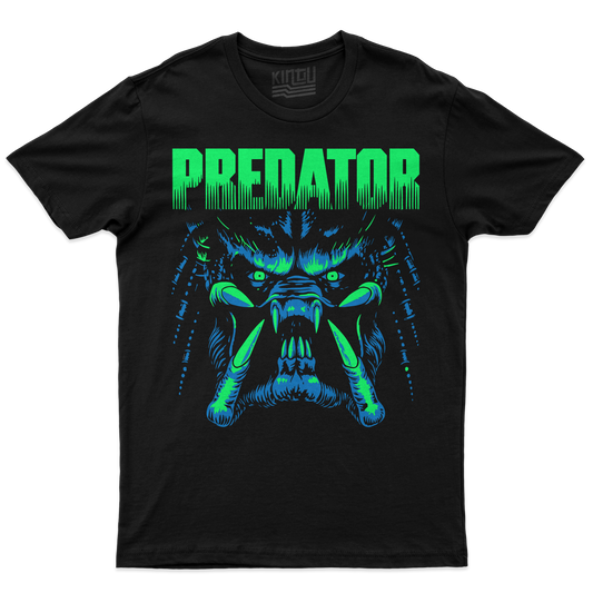 [kintu:13PVneoSmo3YyjwgsJMAIF31TSQt-EVgm:d2e941e4f4e3b4f175ce9a2b4a5e1849] T-shirt nera Predator con grafica frontale blu e verde neon