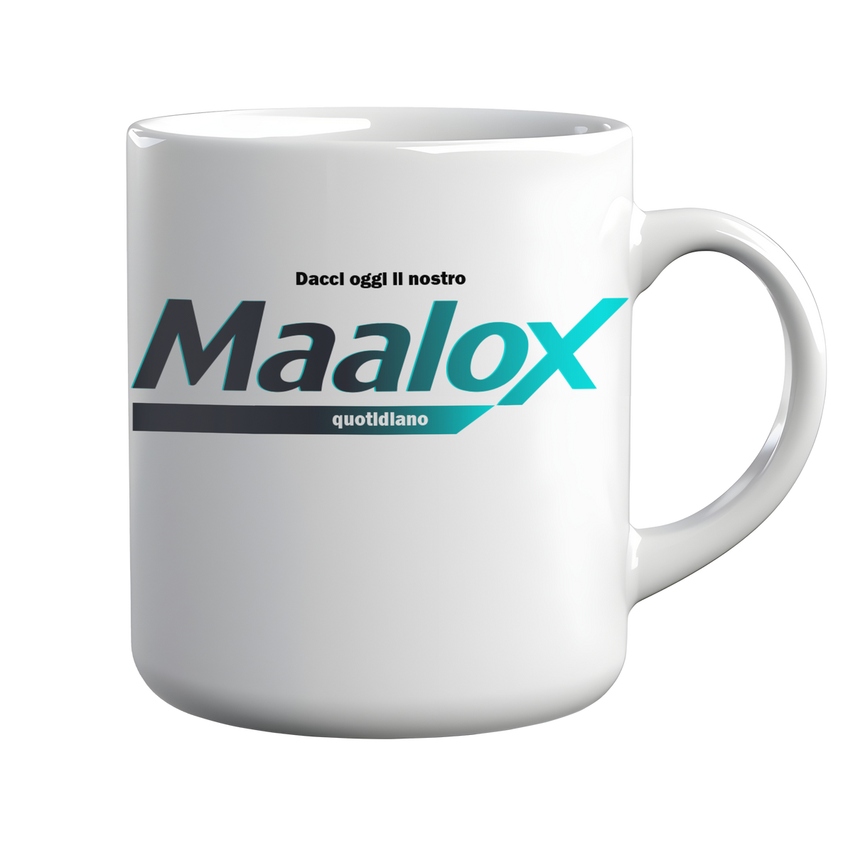 [kintu:1cIUb8vP-3yx2b9lsD1eOosp1T0htBTjp:0e9c98d4e64cbc623a2932b1dfe4c8d6] Tazza con grafica Dacci oggi il nostro Maalox quotidiano nei colori antracite e turchese
