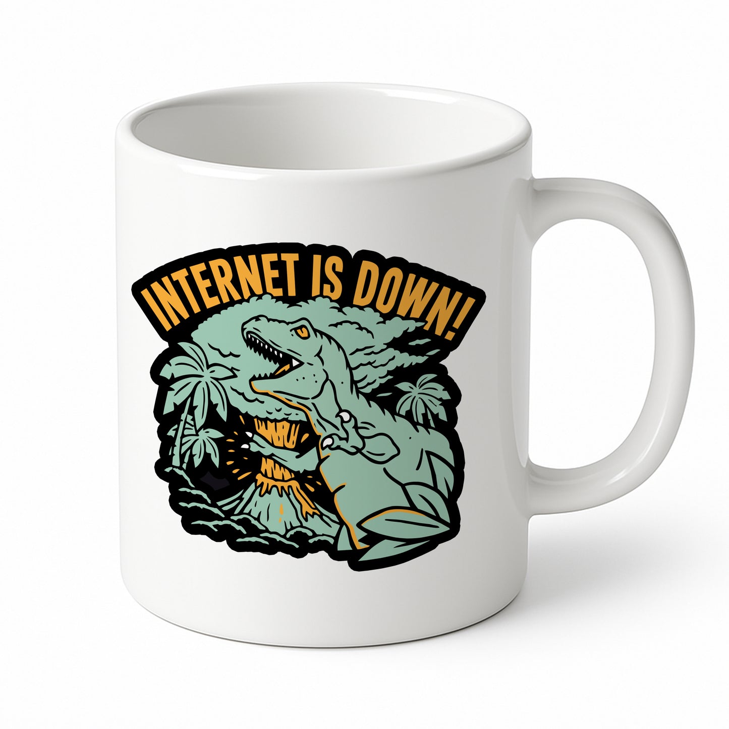 [kintu:1n-A61tSvAu4sJeVrV2EGVa8e3RWf5Zg6:f077bb1a67c0963d1a14568ae9031a56] Tazza bianca Internet is down ed è subito preistoria con grafica rétro di rettile e vegetazione
