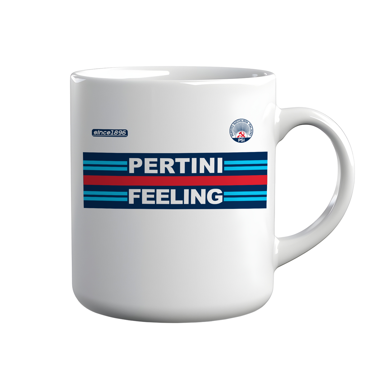[kintu:1W09kKqmddPn0acg6Gaxd_s7uz91q54zp:236c8731e4f2ec81975b3d7ac8977156] Tazza bianca PERTINI FEELING con grafica a fasce racing blu, azzurre e rosse