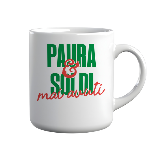 [kintu:1zKC1NeAsF3YRThM0GFlTq-7HyuAibsDn:6aa02b98c5c873a64147c66653091891] Tazza bianca con scritta verde e rossa Paura & Soldi mai avuti